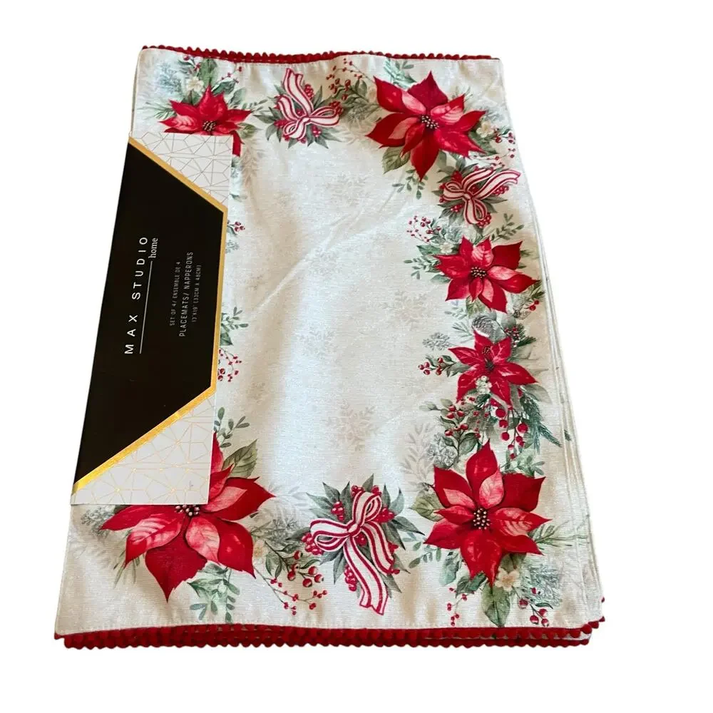 Max Studio Christmas Poinsettia & Bows Placemats 13x19 Set of 4 Holiday Red NEW